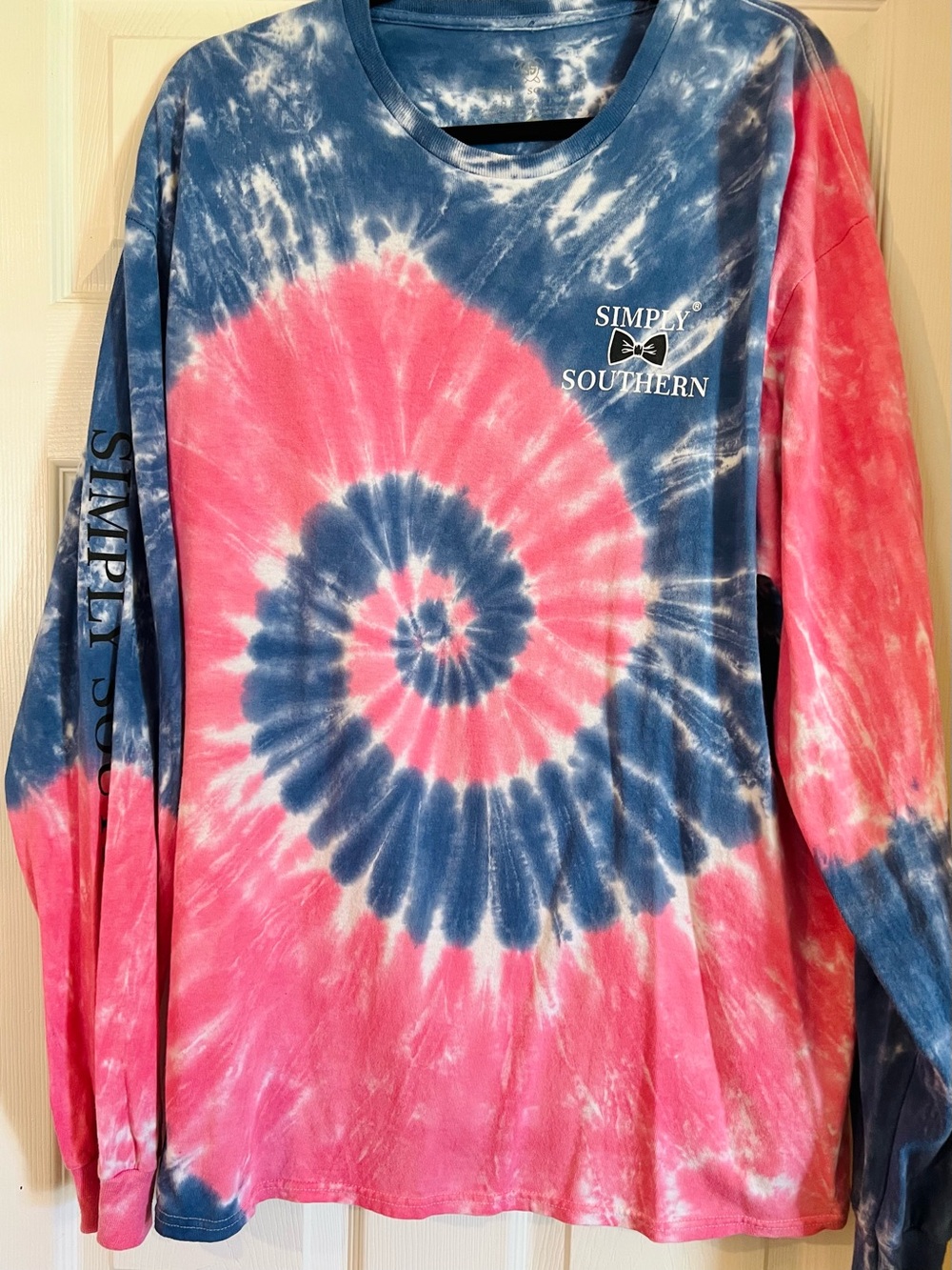 Simply Southern Women’s Pink & Blue Tie-Dye Long Sleeve Tee with panda. XL